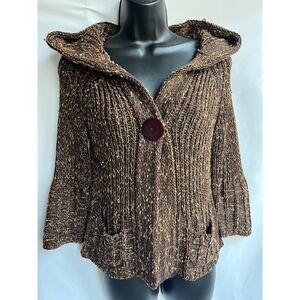 BCBG Max Azria Y2K Chunky Knit Brown Cardigan Sweater S Hooded Retro 3/4 Sleeve